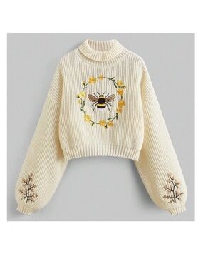 Fairycore Women'S Bee Embroidered Drop Shoulder Half Turtleneck Sweater